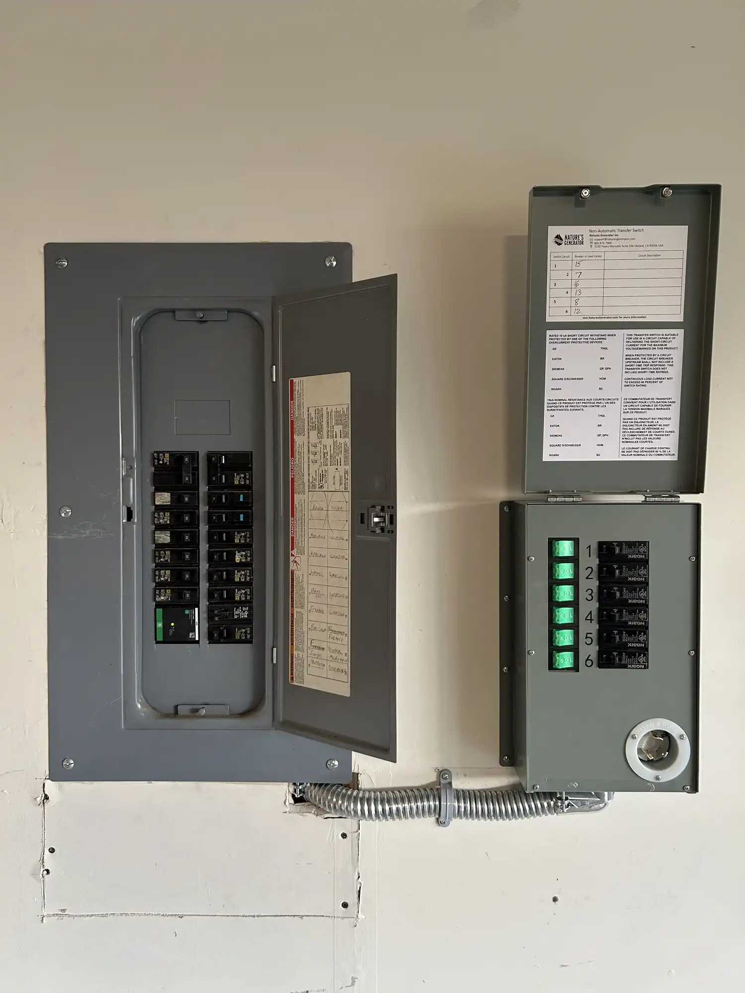 Nature's Generator 6-circuit manual transfer switch installed beside main panel in Issaquah WA home