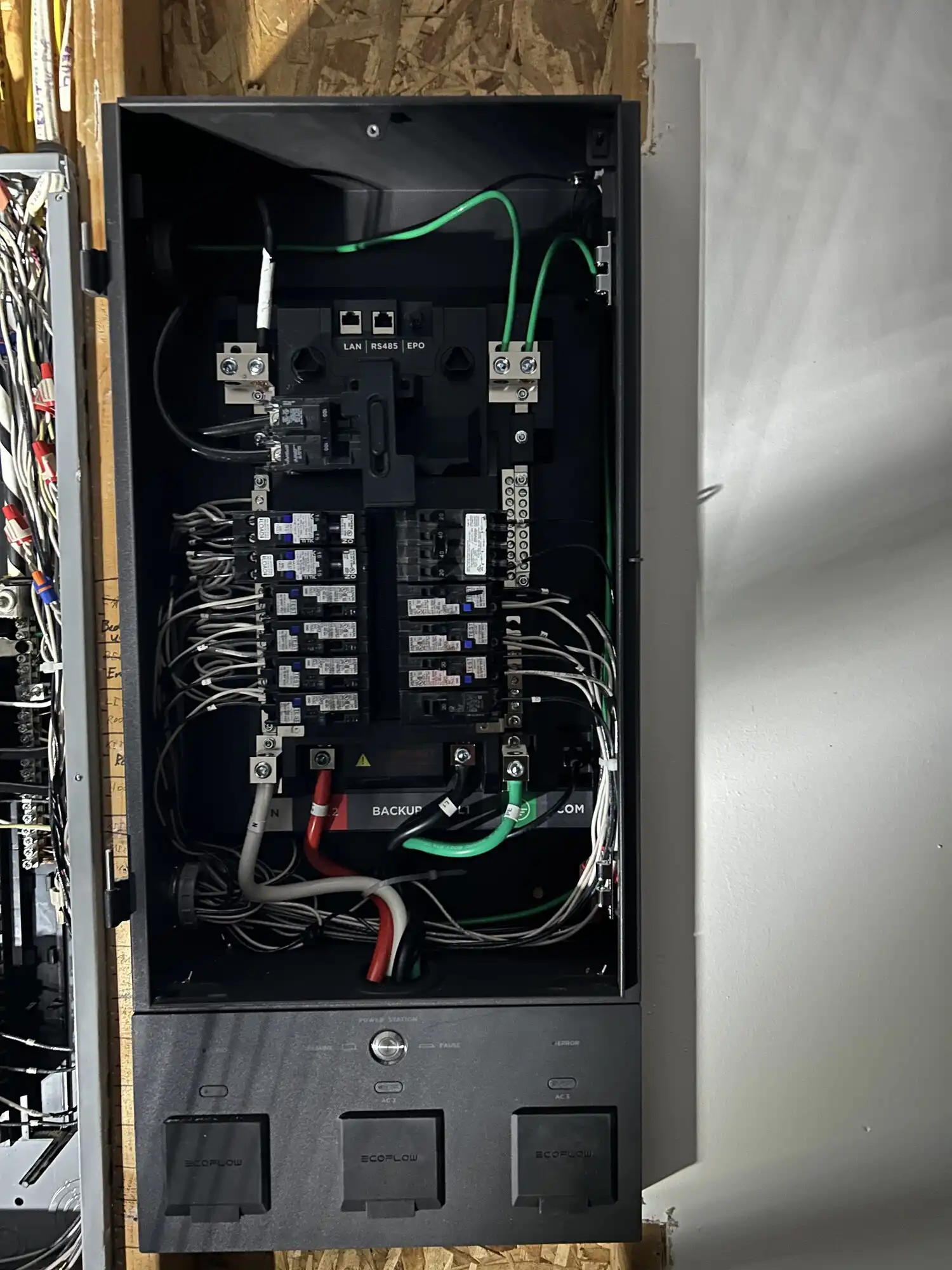 Inside view of a wired EcoFlow Smart Home Panel 2 installed by HB Power Electric in Seattle